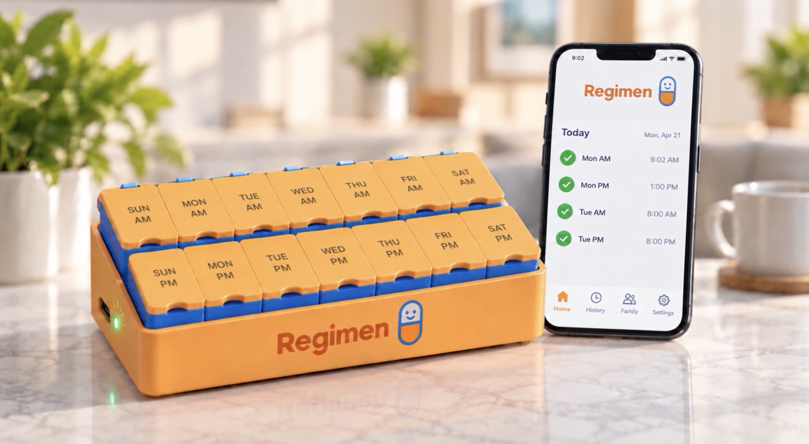 Regimen weekly AM and PM organizer beside its companion app
